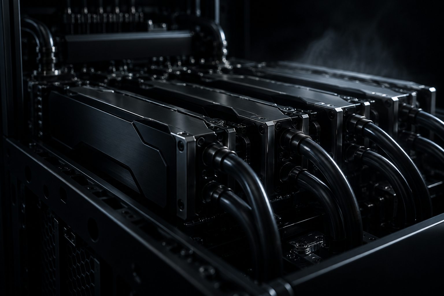 Liquid-cooled GPU compute blades in near darkness, edges traced by a cold light