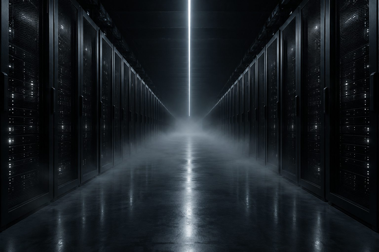 A long private server hall in darkness, fog on the floor and a single line of cold light overhead